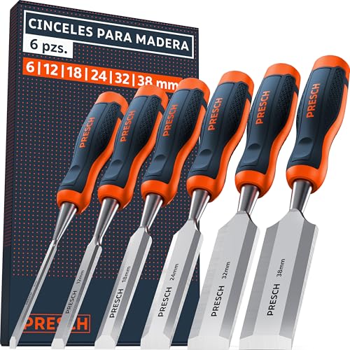 Presch Juego de cinceles para madera 6 uds. - Completamente afilados (6, 12, 18, 24, 32, 38mm) - Con ángulo de cuña de 25° e una robusta caperuza metálica para impactos