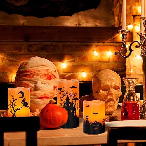 Image of Halloween Flameless Candles with 6-Hour Timer, Battery Operated Orange LED Pillar Candles Flickering Real Wax, Witch, Bats, Castle Decals Set of 3 for Halloween Decorations, D3 inchx H4 inch 5 inch 6 inch