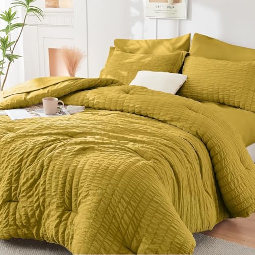 Image of HYMOKEGE Mustard Yellow King Size Comforter Set Seersucker 7 Pieces, All Season Luxury Bed in a Bag for Bedroom, Bedding Set with Comforter, Sheets, Pillowcases & Shams