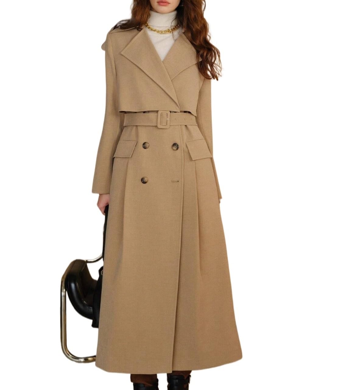 Womens Winter DOUBLE BREASTED BUCKLE BELTED TRENCH Coat Regular Sleeve Long coat