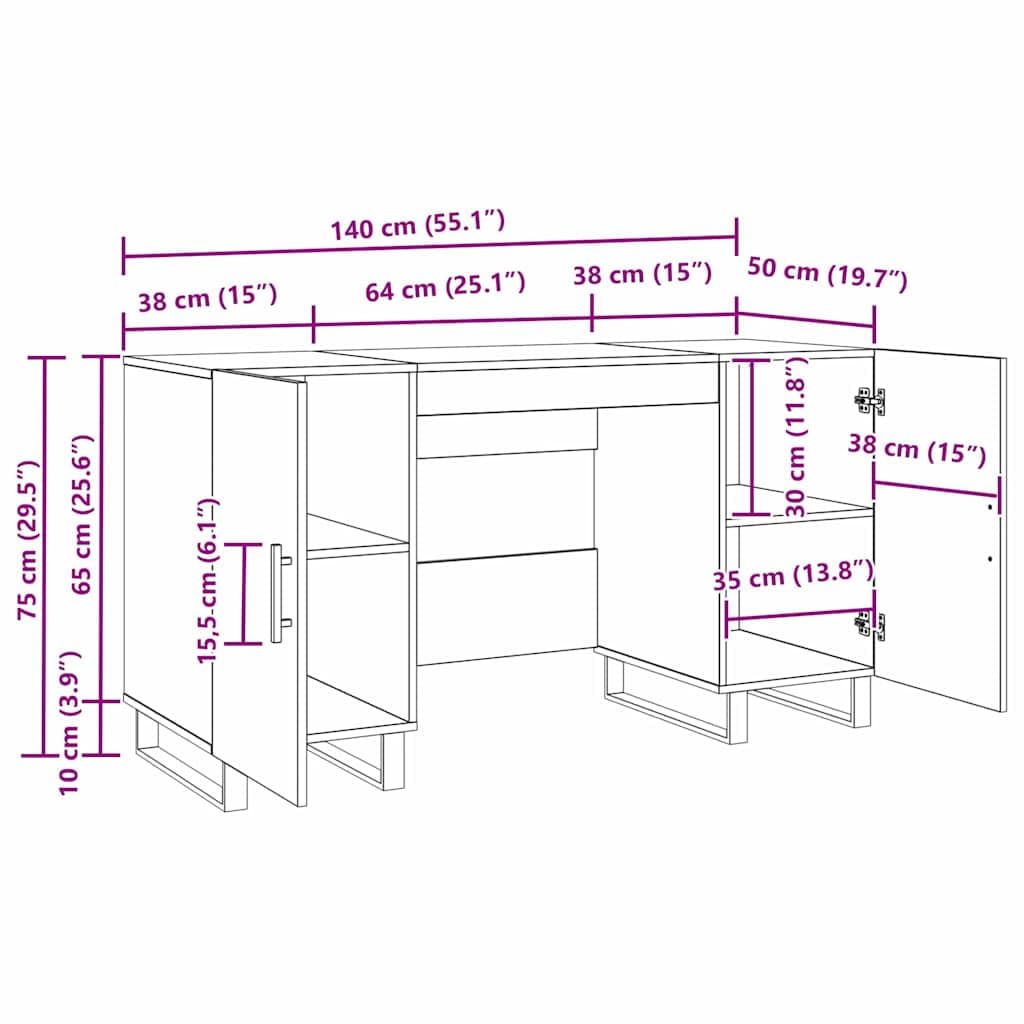 Scrivania in legno di quercia Artisan, 140 x 50 x 75 cm, con vano portaoggetti, scaffale e ante, ergonomica, per ufficio, casa, lavoro al computer, PC, laptop, segretario e gaming