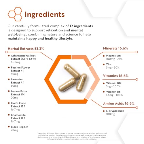 Ashwagandha KSM-66 Relax Complex with Magnesium, Lion's Mane & L-Tryptophan - Supports Relaxation & Mental Wellbeing - Normal Psychological Function & Reduction in Fatigue - 120 Capsules - Nutravita - Image 4