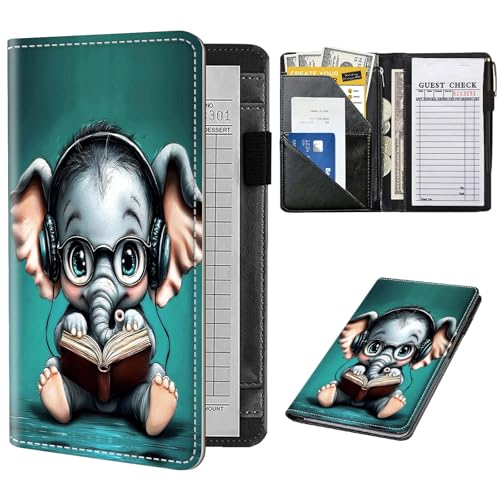 Server Book for Waitress, Cute Serving Books with Zipper Pocket, Leather Server Check Book Ticket Book Holder, Restaurant Waitress Accessories Server Booklet Organizer,Cute Baby Elephant