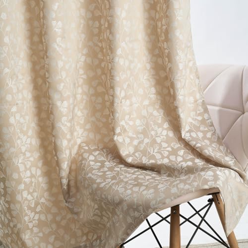Image of haus & kinder Printed Jacquard Window Curtains 5 Feet Long Pack of 2 Window Curtains, 5 Feet Curtains for Window (Gingko Serenity, Sand Nature 130x152 CM)