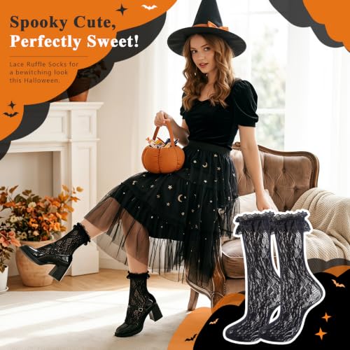 Image of Women Lace Ruffle Socks White Black Frilly Lolita Crew Dress Socks