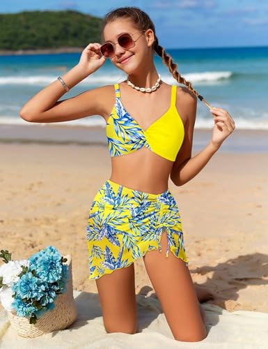 Girls Swimsuit Tropical Floral Bathing Suit for Girls 3 Pcs Swimwear Cross Bikini with Drawstring Cover Up 8-16Y2