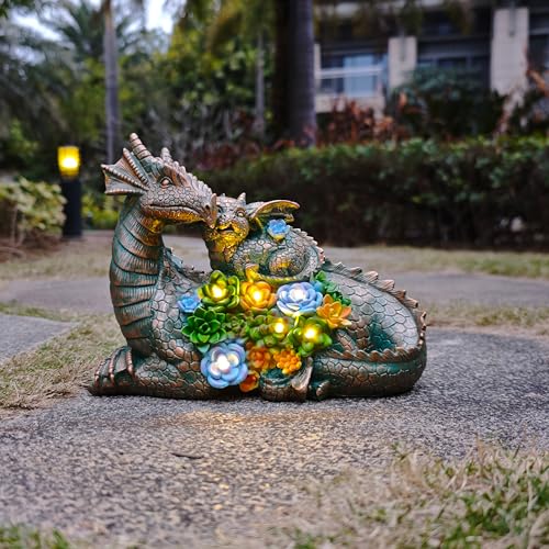 Dragon de jardin solaire JOYBEE décoré de succulentes et 6 LED pour terrasse