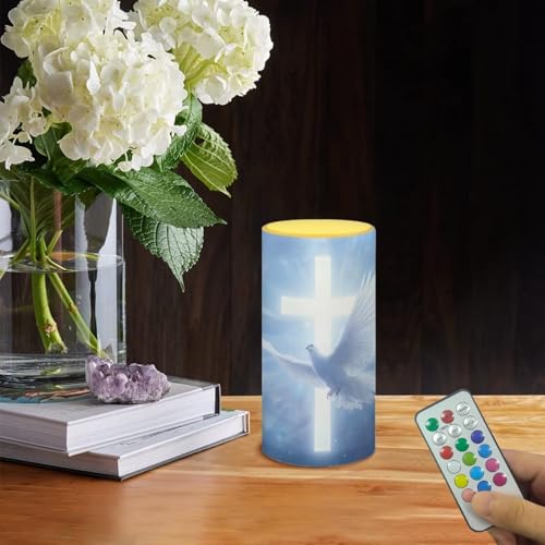 Image of Poceacles Easter Decorations LED Flameless Candles Battery Operated Candles with Remote Control Timer Flickering Wick Pillar Tealight for Holiday Party Decor, Blue Cross Dove of Peace