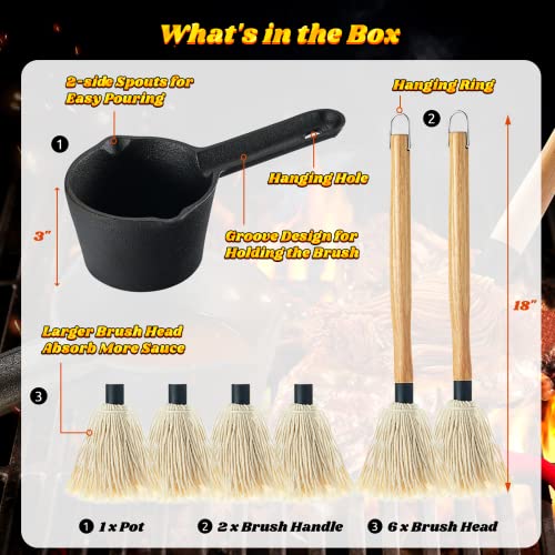 Cast Iron Sauce Pot And Bbq Mop Brush Set For Grilling, 7 Pcs Barbecue Accessories Include Heat Preservation Heavy Basting Melting Pot, 2Pcs Wooden Long Handle Sauce Mops With 4Pcs Replacements #TOP3