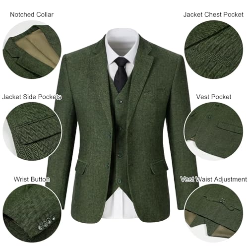 Retro Tweed Men's Suit 3 Piece Slim Fit Herringbone Suits Groom Tuxedos Set Wedding Prom Blazer Jacket Vest Pants for Men4