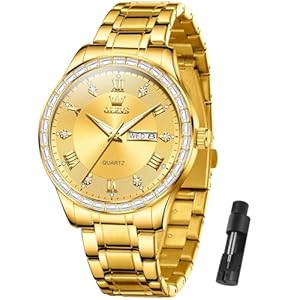OLEVS Watches for Men with Date Stainless Steel Men Quartz Watches Roman Dial Diamond Classic Business Male Wristwatch Waterproof Luminous Calendar Reloj para Hombr(Gold/Black/Grey/White Dial)