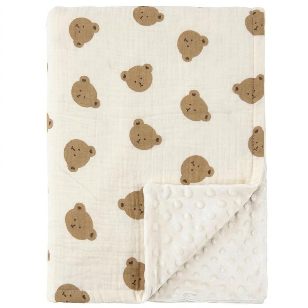 SNOWGAOGAO Baby Blanket for Newborn Boys Girls, Soft Breathable Muslin Cotton & Dotted Fleece Nursery Blankets, Receiving Blanket for Crib, Stroller & Moses Basket, 75x100cm (Bear)