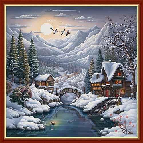 Image of Findvoor Stamped Cross Stitch Kits for Beginners Full Range of Cross Stitching Embroidery Pattern for Adults, 11CT DIY Needlepoint Embroidery Starter Kits-Winter snowscape 17.7x17.7 inch