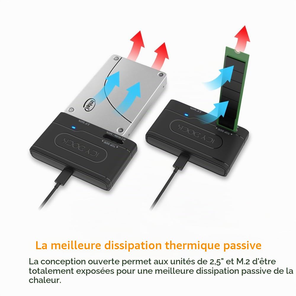 Icy Dock SSD M.2 NVMe/SATA Adaptateur, Adaptateur USB 3.2 Gen 2 (Type-C) jusqu'à 10 Gbps, vers SSD/HDD 2.5SATA et NVMe/SATA M.2, Lecteur Disque avec câble de Type C - EZ-Adapter MB104U-1SMB
