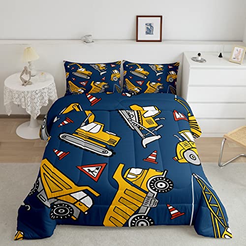 Feelyou Excavator Comforter Set Construction Vehicles Bedding Set Cartoon Truck Comforter Heavy Equipment Trucks Quilted Duvet Set for Kids Boys Girls Twin