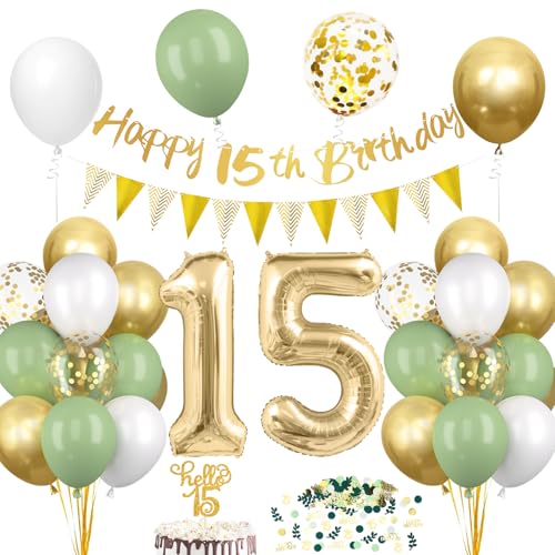 15. Geburtstagsdeko Salbeigrüne Deko 15 Geburtstags Junge Mädchen 15er Geburtstag Luftballon mit Girlande Geburtstags Tortendeko Grün Gold 15 Jahre Avocado Grüne Konfetti Party Ballon