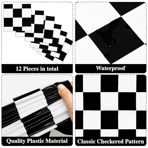 Betylifoy 12 Pcs Black And White Checkered Table Runner 14 Inch X 108 Inch Disposable Plastic Table Runner Race Car Theme Flag Table Runner For Two Fast Birthday Racing Wedding Party Decor thumb #3