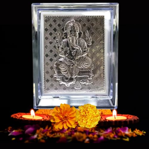 Image of UAX 999 Pure Silver Ganpati Idol Frame, Pooja Frame, Tabletop Car Dashboard Photo Frame | Bappa Ganesh Frame | Acrylic Silver Acrylic Hindu Idol f