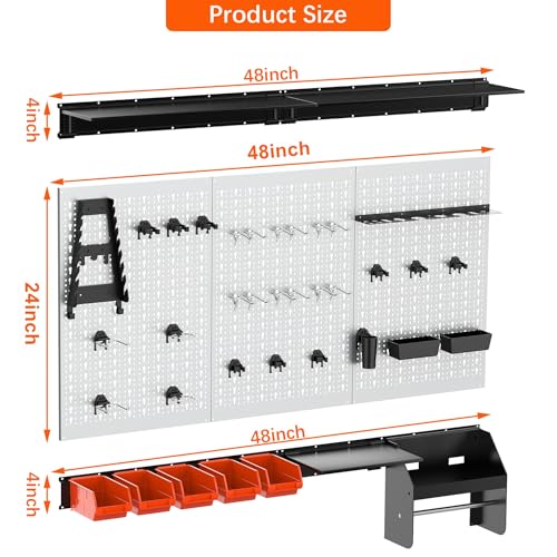 TORACK Pegboard Wall Organizer 4 ft. Garage Metal Pegboard Tool Organizer System, Tools Storage Peg Board Kit with Hooks and Accessories, Wall Mounted Storage Bins, Overhead Shelves