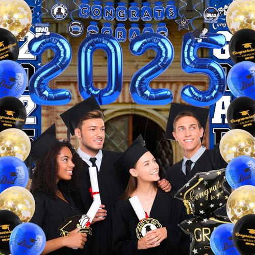 Image of Graduation Decorations 2025 Set Grad Party Supplies with Congrats Grad Banner, Class of 2025 Backdrop, Balloons & Streamers Kit, Foil Number 2025, Honeycomb, Porch Sign for Graduation Decor Blue
