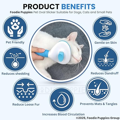Image of Foodie Puppies Self Cleaning Slicker, Pet Grooming Shedding Brush for Dogs and Cats (Push to Clean Slicker, Oval) - Easy to Remove Loose Undercoat, Pet Massaging Tool Suitable for Pets with Long or Short Hair