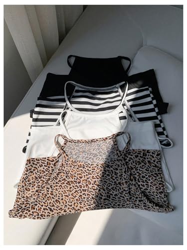 OYOANGLE Women's 4 Pack Leopard Print Crew Neck Cami Top Striped Sleeveless Crop Tank Tops3