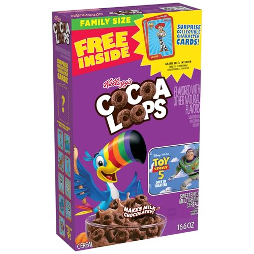 Kellogg's Cocoa Loops Breakfast Cereal, Good Source of Fiber, Made with Cocoa, Family Size, 16.6oz Box (1 Box)