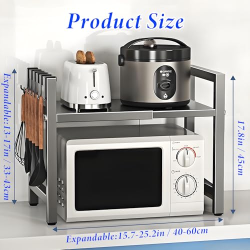 Miniatura 2 de Estantería Ajustable Para Microondas, 2 Niveles, Extensible De 40 A 60 Cm, Con 6 Ganchos, Para Encimera, Panadería, Organizador De Cocina Gris