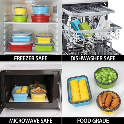 Collapsible Food Storage Containers with Lid & Air Vent, 8 Pack, 4 Rectangular + 4 Round, Annaklin Foldable Silicone Lunch Containers Collapsible Bowls Set, Microwave Freezer Dishwasher Safe, 4 Colors - Image 6