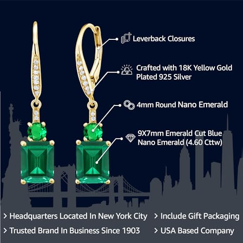 Gem Stone King 18K Yellow Gold Plated Silver Green Nano Emerald Dangle Earrings For Women (4.60 Cttw, Gemstone May Birthstone, Emerald Cut 9X7MM)2