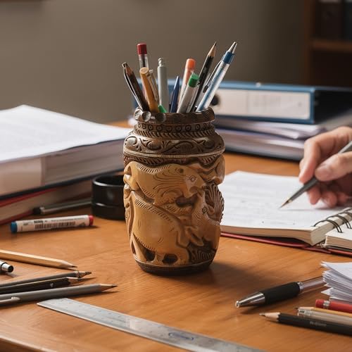 Image of Craft Trade 13x7 Cm Round Carved Wood Animal Pattern Pancil Holder - Two Tone