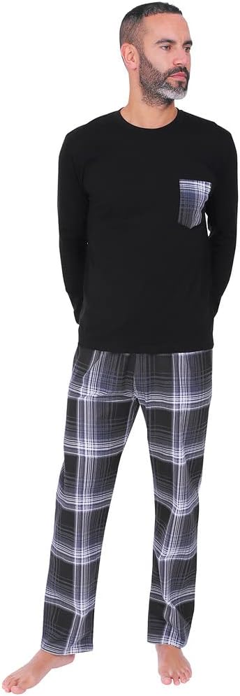 ThePyjamaFactory Mens Navy Long Pyjama Set Checked Bottoms ThePyjamaFactory Mens Navy Long Pyjama Set Checked Bottoms