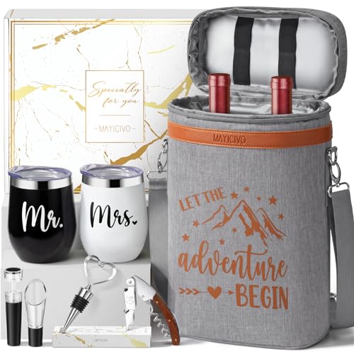 Image of Bridal Shower Wedding Gifts for Couple, Wine Cooler Bag Gifts for Men Women | Mr and Mrs Engagement Gifts for Newlywed Bride, His & Her Anniversary Wines Baskets Gift Set w / Tumbler & Wines Accessories