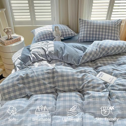 Image of Plaid Duvet Cover Full Size Blue White Gingham Grid Reversible Bedding Set 3 Pcs Checkered Geometric Soft Breathable Microfiber Comforter Cover Set with Zipper Closure and 2 Pillowcases