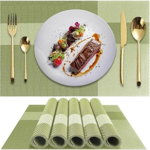 Image of Potency Table Mats Set of 4, Woven Placemate for Dining Table, Heat-Resistant Placemats Stain Resistant Anti-Skid Washable PVC Table Mats, Vinyl Placemats for Dining Kitchen Restaurant Table (L-Green)