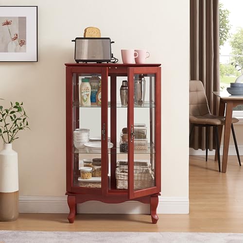 Image of 43 inch H Lighted Curio Cabinet Display Case with Light Bulb, Glass Curio Cabinet with Adjustable Shelves & Tempered Glass Door, Wooden Cabinets w /Mirrored Back Pane for Living Room(Cherry)