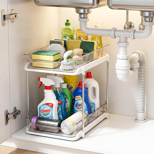 Image of 2-Tier Under Sink Storage Organizer for Kitchen & Bathroom with Pull-Out Sliding Drawers | Multipurpose Cabinet Organizer Shelf for Under Sink, Pantry, Laundry Room & Vanity(With Compartments)