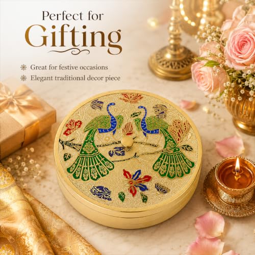 Image of Brass Spice Box with Peacock Lid & Spoon | Handcrafted Round Masala Dabba with 7 Containers | Traditional Brass Masala Box for Kitchen | Masala Dani for Kitchen Stylish