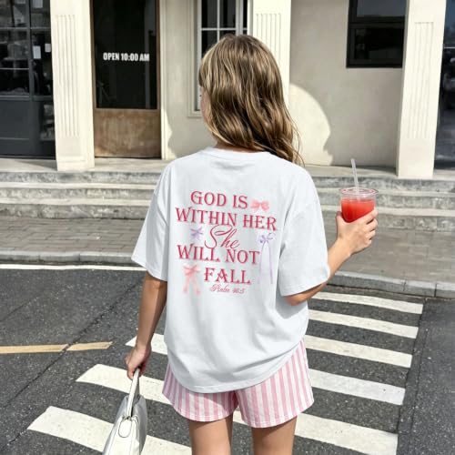 Image of Girls Christian Tees God is Within Her Jesus Shirt for Kids Faith Cute Graphic Bow Tshirt Inspirational Religious Top
