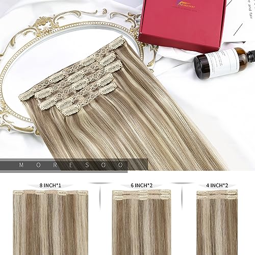 Moresoo Human Hair Extensions Clip in Light Brown with Platinum Blonde Clip in Hair Extensions Real Human Hair 14 Inch Mid-length Remy Silky Soft Straight 5pcs/80g #9A/60 - Image 3