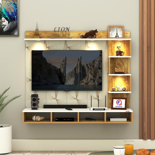 Image of Anikaa Laura Engineered Wood Wall-Mount TV Unit with PVC Back Panel & LED Lights | TV Cabinet with Storage Box & Decorative Shelves (Giantwood /White) Ideal for TVs up to 43 Inch | DIY Installation
