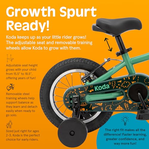Image of Retrospec Koda Plus Kids Bike for Boys & Girls Ages 2-3 Years - 12 inch Children's Bicycle, Adjustable Seat & Handlebars, Removable Training Wheels, Front Hand Brakes, Rear Coaster Brake & Safety Bell