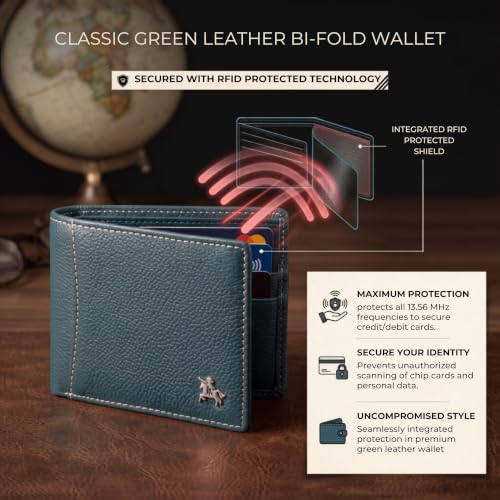 Image of LONDON ALLEY Slavia Green Leather Wallet for Men, 6 Card Slot | RFID Protected
