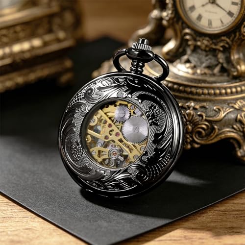Image of TREEWETO Mechanical Pocket Watch Magnifier Case Steampunk Skeleton Roman Numerals Dial for Men Women