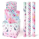 WERNNSAI Mermaid Wrapping Paper - 3 Rolls 17” x 120” Girls Birthday Wrapping Paper Rolls Mermaid Gift Wrap Paper Kids Pink Baby Shower Ocean Theme Party Gift Packing Supply with Cutting Lines