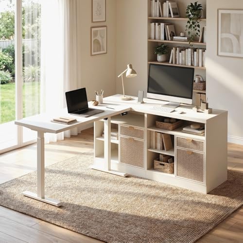 Image of ModernMate 67 inch L Shaped Electric Standing Desk with 4 Drawers, Corner Executive Workstation with 2 File Cabinets, Height Adjustable with AC /USB for Home Office, 1.18 inch One-Piece Desktop, White Rattan