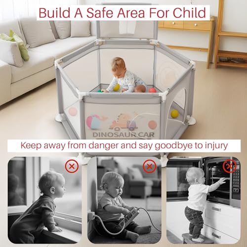 Image of Baybee Neo Plus Kids Playpen for Babies | Baby Activity Playards with Basket Ball Hoop, Zipper Door & Corner Protection | Baby Play Area Indoor Setup with Hexagon shape for Extra Space | Outdoor Play Pen for Baby up to 5 Years (Grey)