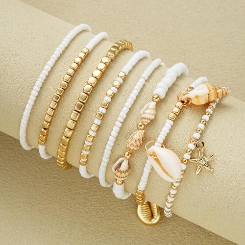 Image of Qceasiy Bead Ankle Bracelets Set For Women, Adjustable Gold Plated Boho Shell Anklet, Hawaiian Beach Seashell Pearl Disc Starfish Conch Foot Jewelry, Summer Fashion Gifts