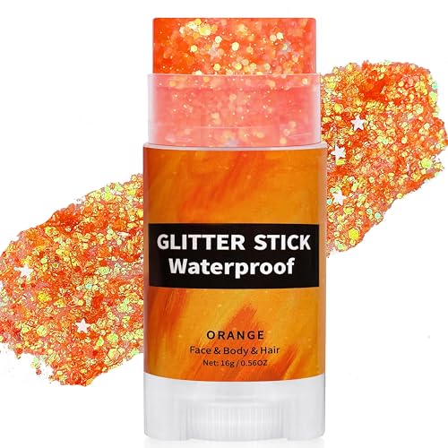 Paminify Orange Face Glitter Stick Orange Cheer Body Hair Glitter for Netherlands Fans Waterproof Singer Concert Outfits for Women Mardi Gras Accessories Halloween Chunky Glitter Makeup Sequins