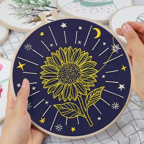 Image of Louise Maelys 3 Pcs Tarot Moon Star Embroidery Kit for Beginners, Celestial Flower Sunflower Poppy Hydrangea Needlework DIY Craft for Adults with Hoop, Printed Fabric and Instruction
